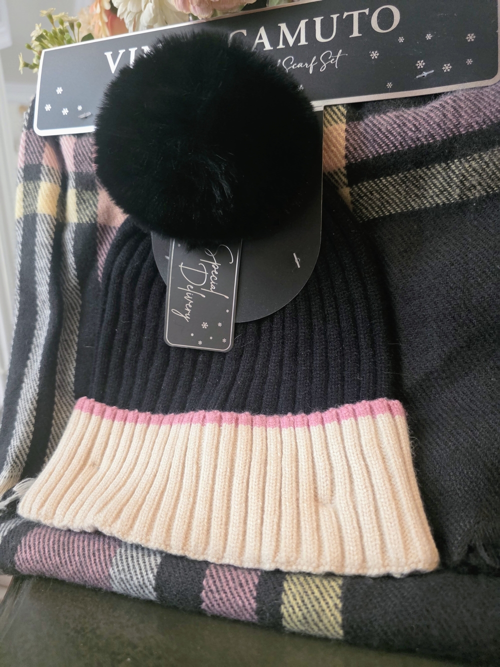 Vince Camuto Black, Cream & Pink Ribbed Beanie with Pom and Plaid Scarf